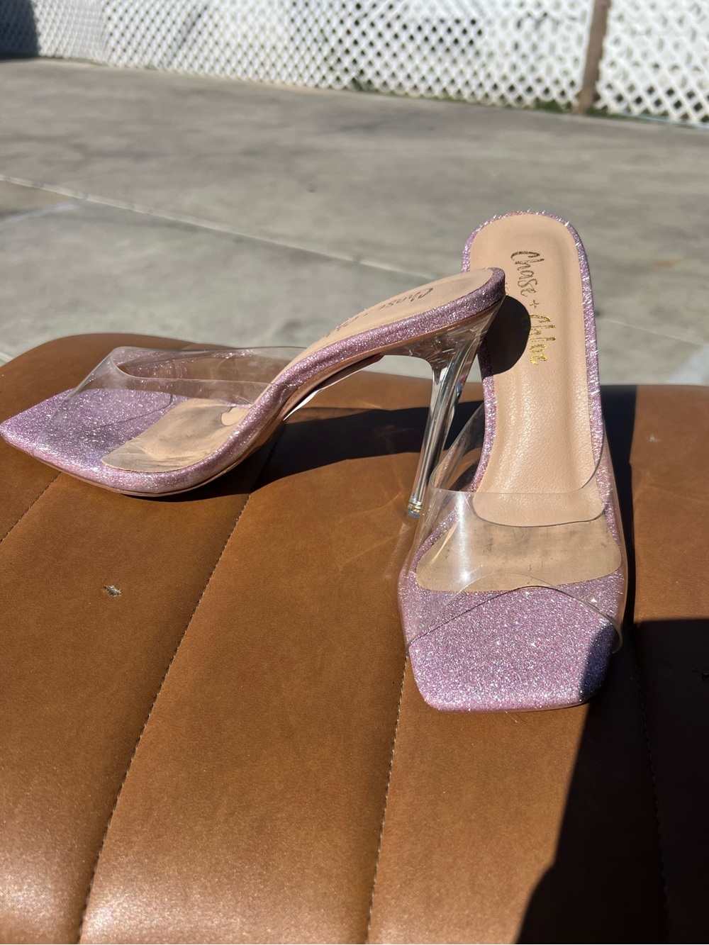 Chase + Chloe pink Glitter heels with Clear Strap NWT